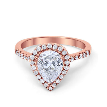 Halo Teardrop Bridal Filigree Ring Rose Tone, Simulated CZ 925 Sterling Silver